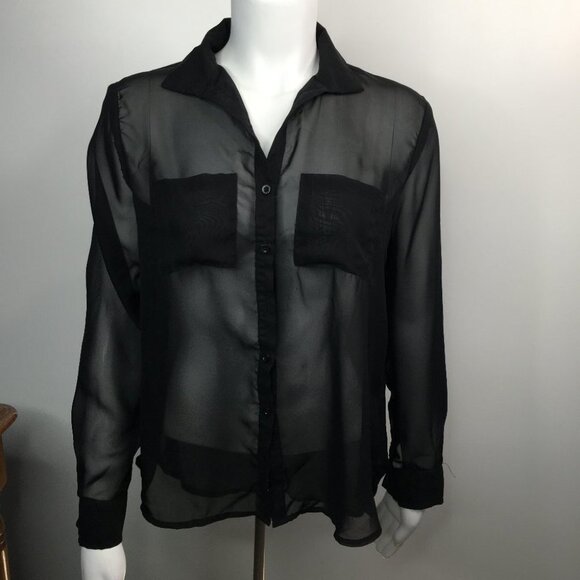 Ecko Unltd Black Button Down Open Back Sheer Blouse Top Size S - Picture 1 of 10